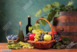 Tranh canvas chai rượu vang và trái cây tươi trang trí phòng bếp