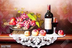 Tranh sơn dầu rượu vang và trái cây treo tường bếp sang trọng