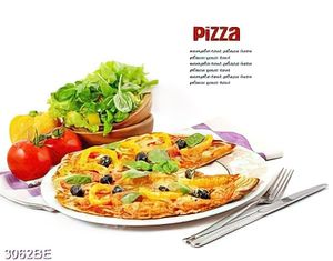 Tranh nha hang quan an treo bếp bánh piza và salat rau