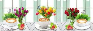Tranh bình hoa và tách cà phê capuchino treo tường bếp đẹp