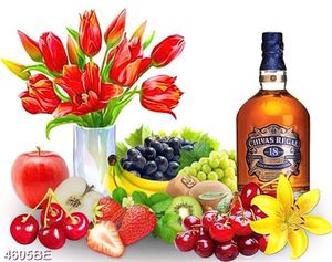 Tranh in gạch rượu hoa và trái cây ốp tường bếp