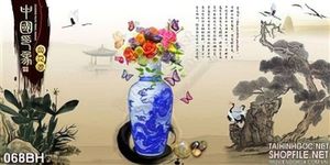 Tranh bình hoa cổ thư pháp trang trí phòng khách