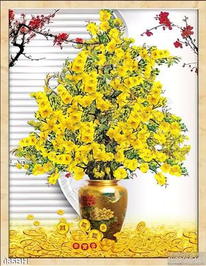 Tranh bình hoa chậu mai tráng trí tết