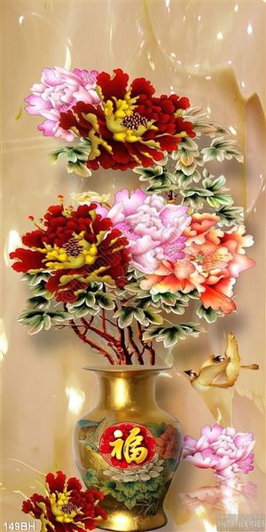 Tranh chậu hoa mẫu đơn cổ đẹp 3d