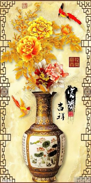 Tranh bình hoa cổ hoa mẫu đơn wall 3d