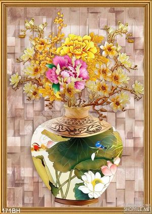 Tranh chậu hoa cổ hoa sen nền gạch ấn tượng