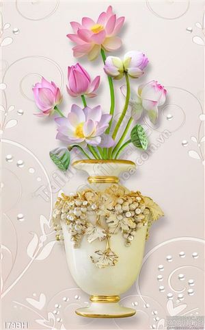 Tranh bình hoa cổ và hoa sen nở rộ