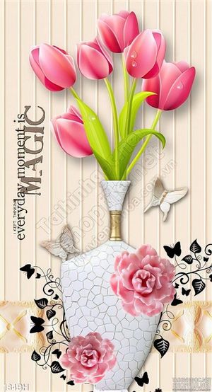 Tranh chậu hoa gốm sứ trắng và hoa tulip