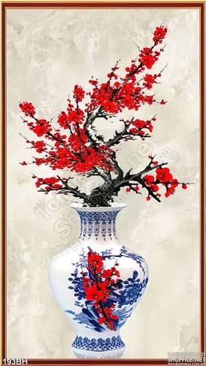 Tranh chậu hoa gốm sứ hoa đào