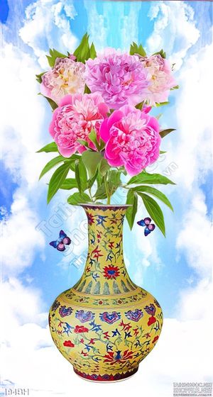 Tranh bình hoa gốm cổ hoa mẫu đơn in gạch