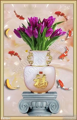 Tranh bình hoa giả ngọc hoa tím và cá koi