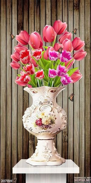 Tranh chậu hoa gốm sứ trắng và hoa tulip màu hồng