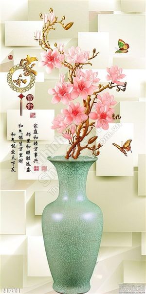 Tranh bình hoa gốm xanh  nền 3d ấn tượng