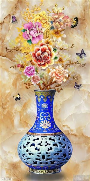 Tranh bình hoa gốm xanh dương và hoa mẫu đơn
