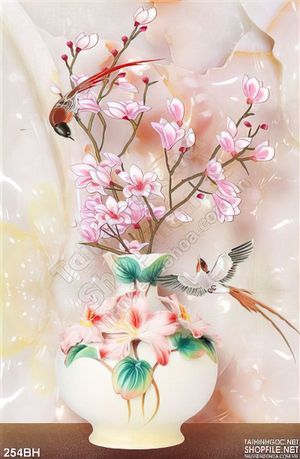 Tranh bình hoa giả ngọc và hoa đào nở wall