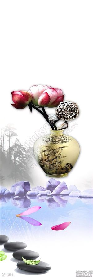 Tranh bình hoa khổ dọc cổ hoa sen