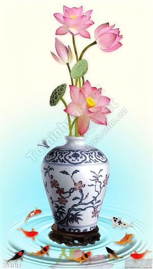 Tranh bình hoa lan gốm sứ và cá chép