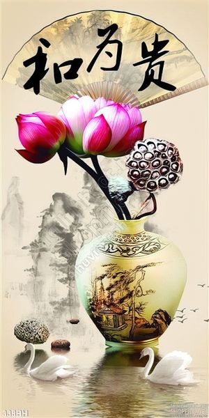 Tranh bình hoa cổ hoa sen và thiên nga