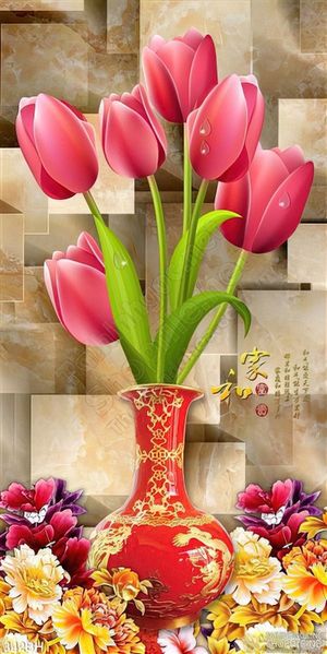 Tranh bình hoa cổ màu đỏ và hoa tulip