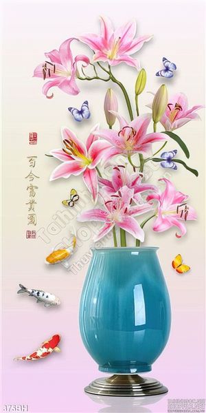 Tranh bình hoa khổ dọc màu xanh ngọc