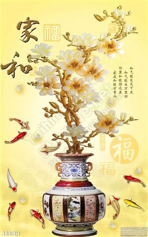 Tranh chậu hoa cổ và cá koi