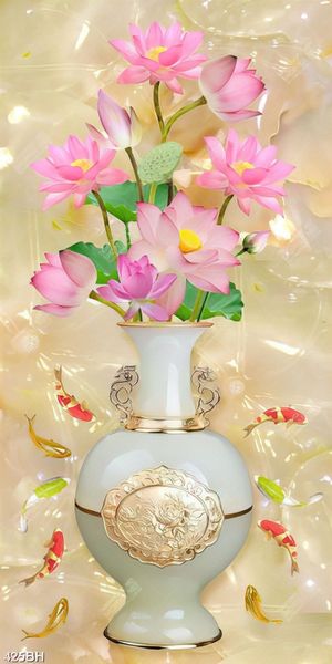 Tranh bình hoa sen hồng và đàn cá koi trang trí