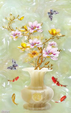 Tranh bình hoa 3d cành hoa mộc lan bên đàn cá koi