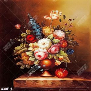 Tranh bình hoa sơn dầu bông hoa mẫu đơn dán tường