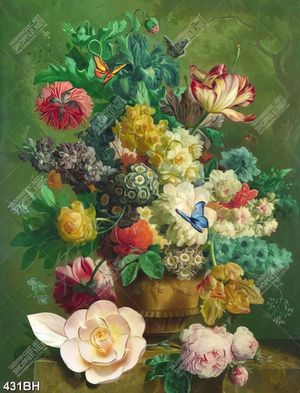 Tranh bình hoa decor trăm hoa khoe sắc bên chú bướm
