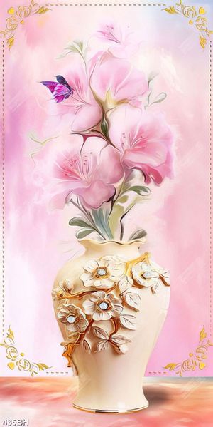 Tranh bình hoa in uv bông hoa màu hồng bên chú bướm