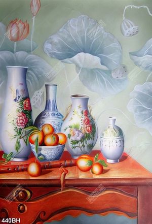 Tranh bình hoa decor những chiếc bình hoa trên bàn gỗ