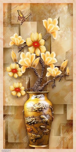 Tranh bình hoa 3d cành hoa mộc lan trên tường giả ngọc