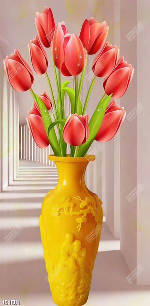 Tranh bình hoa tulip màu hồng trên hàng lang psd