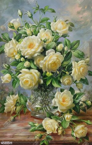 Tranh bình hoa decor những bông hoa hồng trắng muốt
