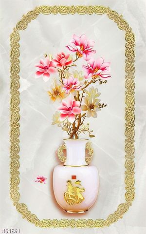 Tranh bình hoa trang trí cành mộc lan trên tường vân đá