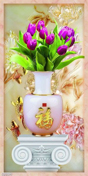 Tranh bình hoa tulip màu tím mộng mơ dán tường