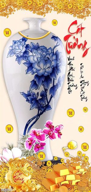 Tranh bình hoa nghệ thuật chiếc bình in hoa mẫu đơn