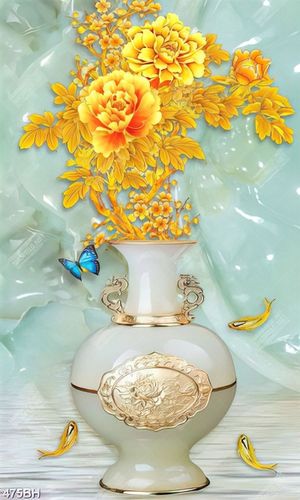 Tranh bình hoa dán tường ngành hoa mẫu đơn dáp vàng