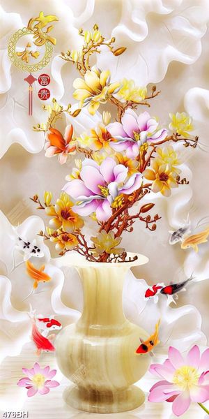 Tranh bình hoa mộc lan vàng bên đàn cá chép decor