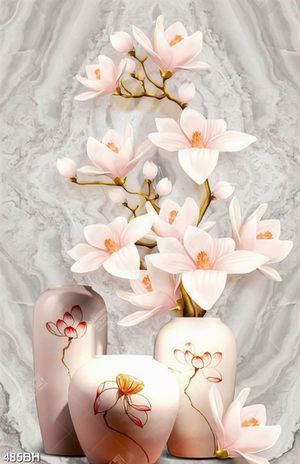 Tranh bình hoa decor hoa mộc lan trên tường vân đá