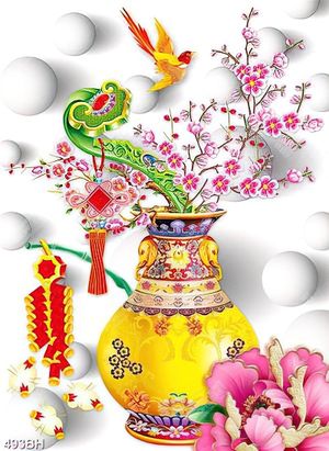 Tranh bình hoa đào bên bông hoa mẫu đơn dán tường