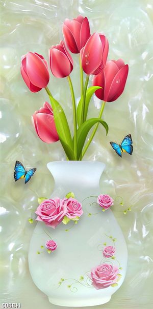 Tranh bình hoa tulip màu hồng bên đôi bướm xanh trang trí