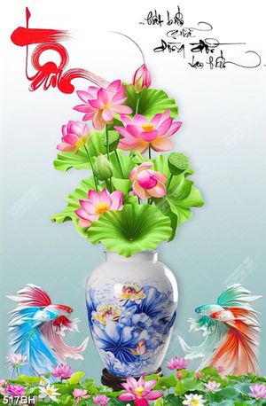 Tranh bình hoa sen hồng bên đàn cá sim betta treo tường