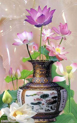 Tranh bình hoa nghệ thuật chiếc bình gốm trên vườn hoa sen