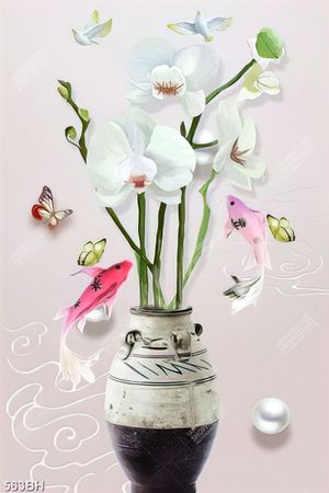 Tranh bình hoa 3d nhành hoa phong lan trắng bên đàn bướm
