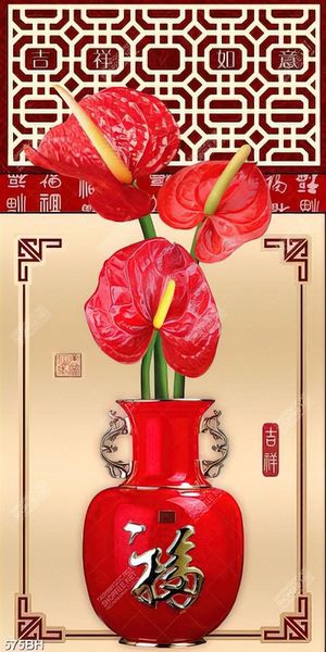 Tranh bình hoa decor những bông hoa sứ màu đỏ khoe sắc