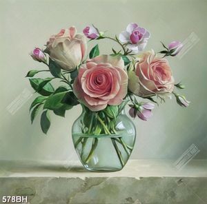 Tranh bình hoa trang trí hoa hồng nhung trong bình thủy tinh