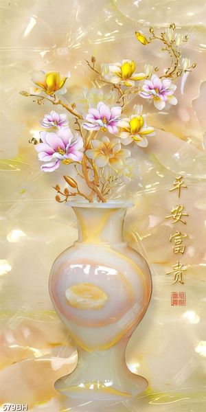 Tranh bình hoa in uv cành hoa mộc lan trong bình giả ngọc