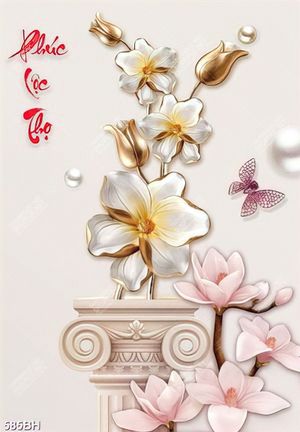 Tranh bình hoa in uv bông hoa mộc lan vàng bên viên ngọc trai