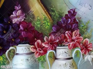 Tranh bình hoa 3d hoa tím bên những bình gốm dán tường